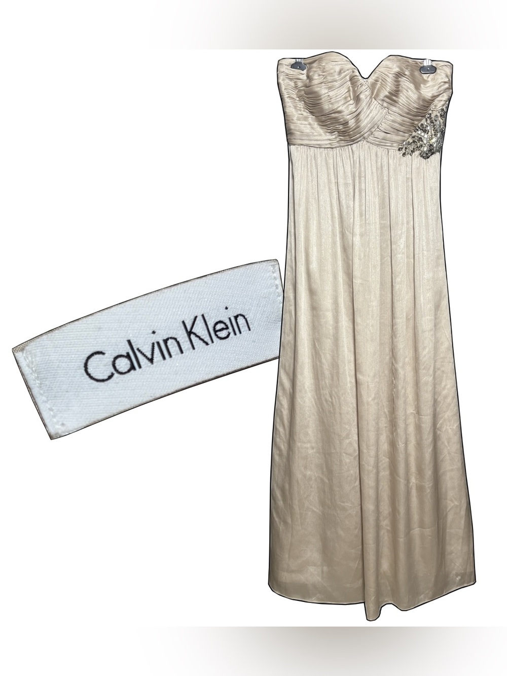Calvin Klein Champagne Strapless Ruched Sweetheart Beaded Evening Gown NWOT